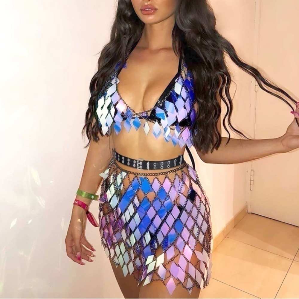 SEQUINS Tassels Body Chain Blue Bra Skirt Set Sexy Bikini Rave Festival Party